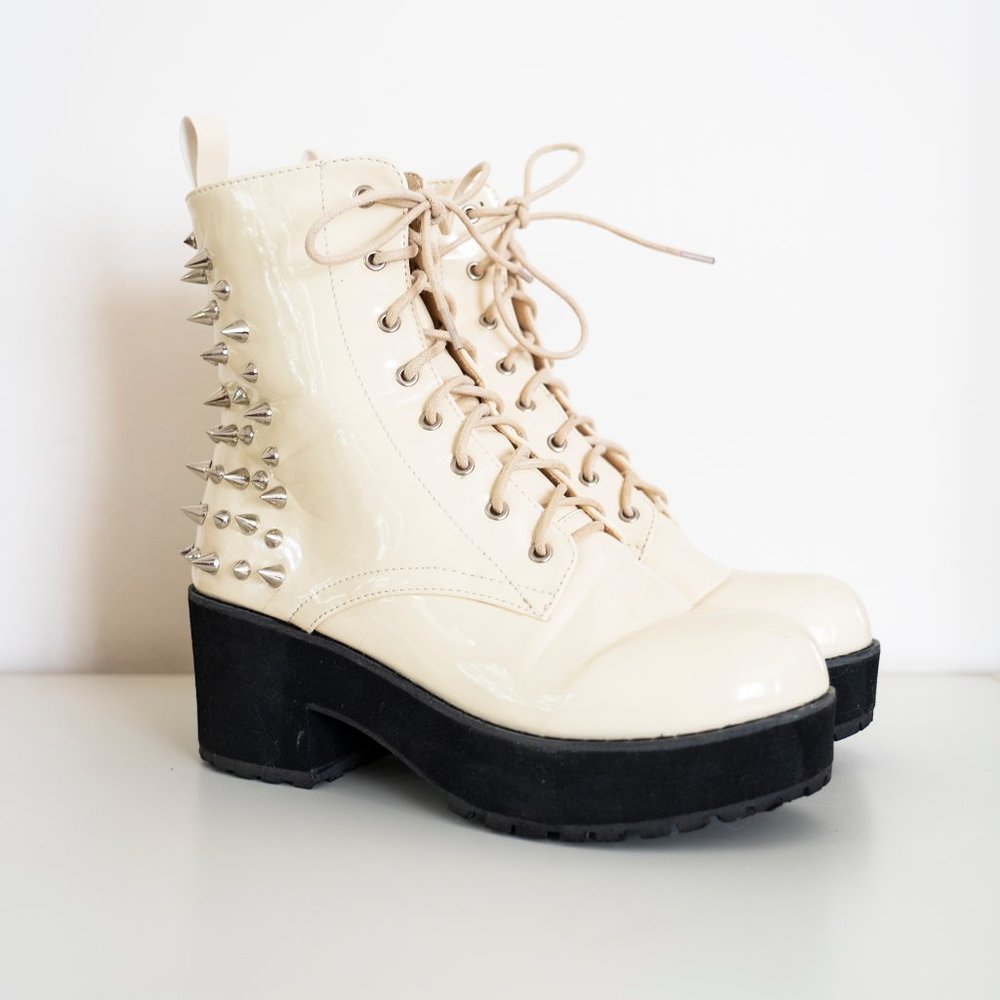 Off White Patent Spiked Studded Combat Boots